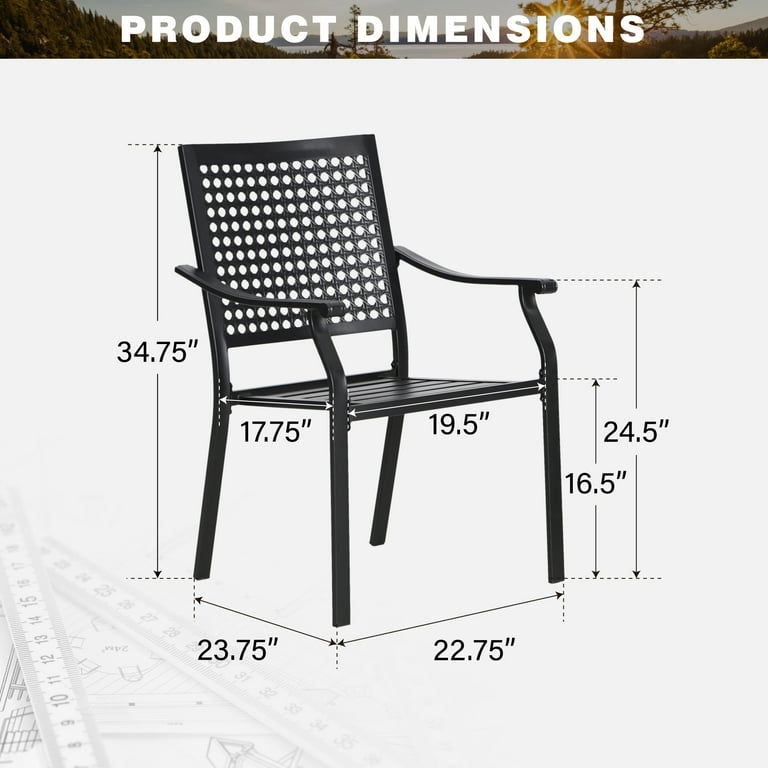 MF Studio 2 Piece Outdoor Patio Dining Chairs XL Metal Stackable Armchairs Weight Capacity 350 lbs Suitable for Garden Porch and Yard Black