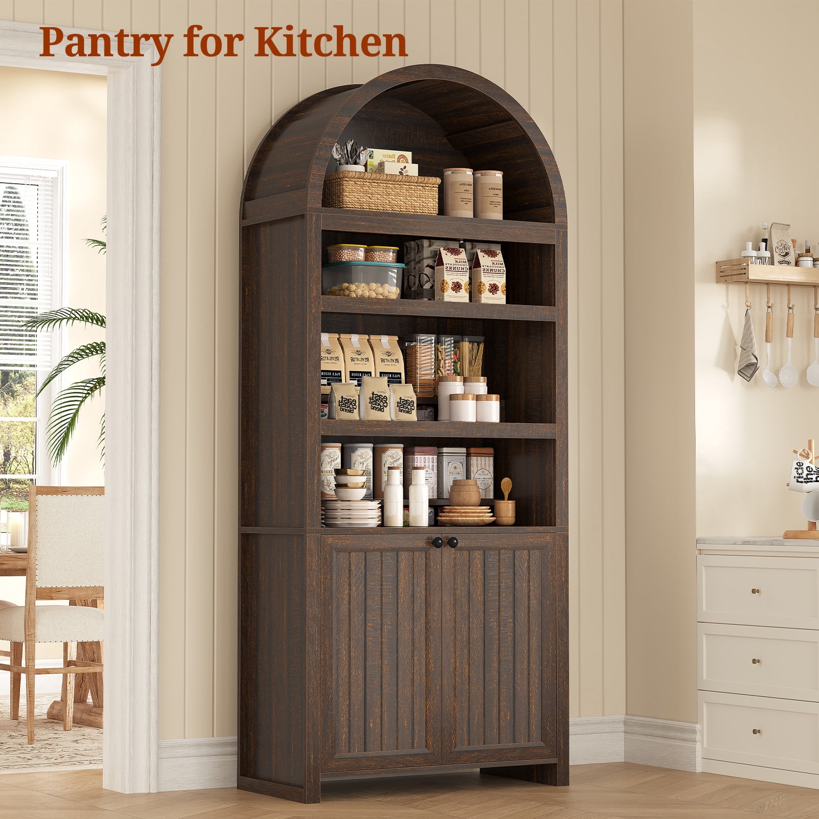 81" Tall Arched Bookshelf, Kitchen Pantry Storage Cabinet, 6-Tier Bookcase with 2 Doors for Living Room, Kitchen, Home Office, Walnut