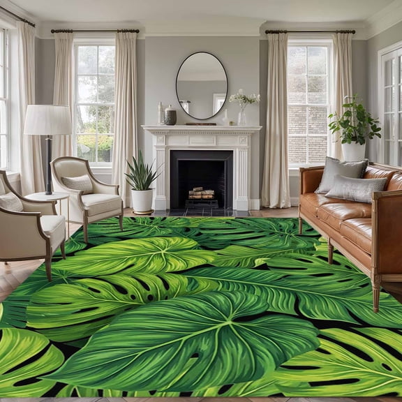 Tropical Palm Leaves Area Rugs 5'x8', Washable Small Throw Rugs for Classroom Bedroom, Summer Green Botanical Leaf Indoor Outdoor Rug Non-Slip Low Pile Carpet Runner Reversible Floor Mats