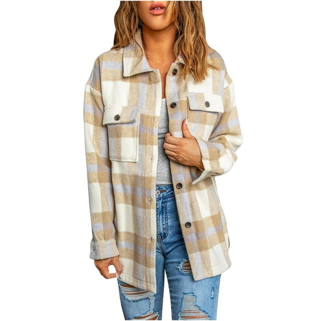 Yuyuzo Plaid Flannel Shirts for Women Oversized Long Sleeve Shacket Jacket Button down Blouse Tops