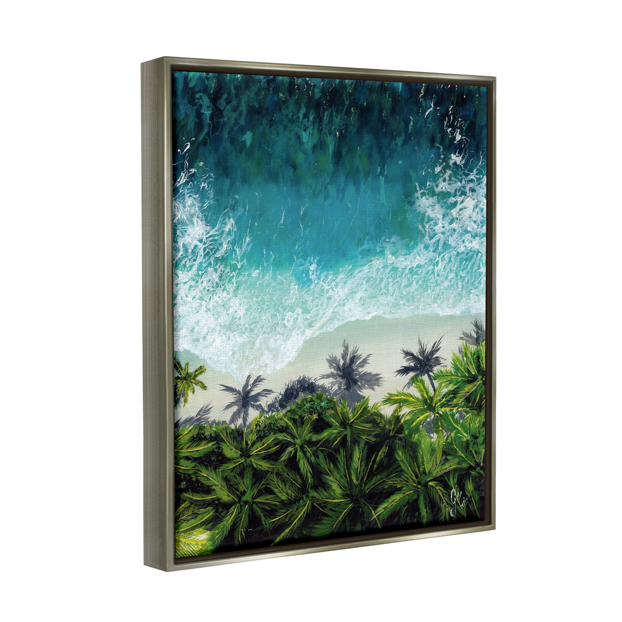 Stupell Industries Aerial View Tropical Beach Nature Painting Gray Floater Framed Art Print Wall Art, 25 x 31