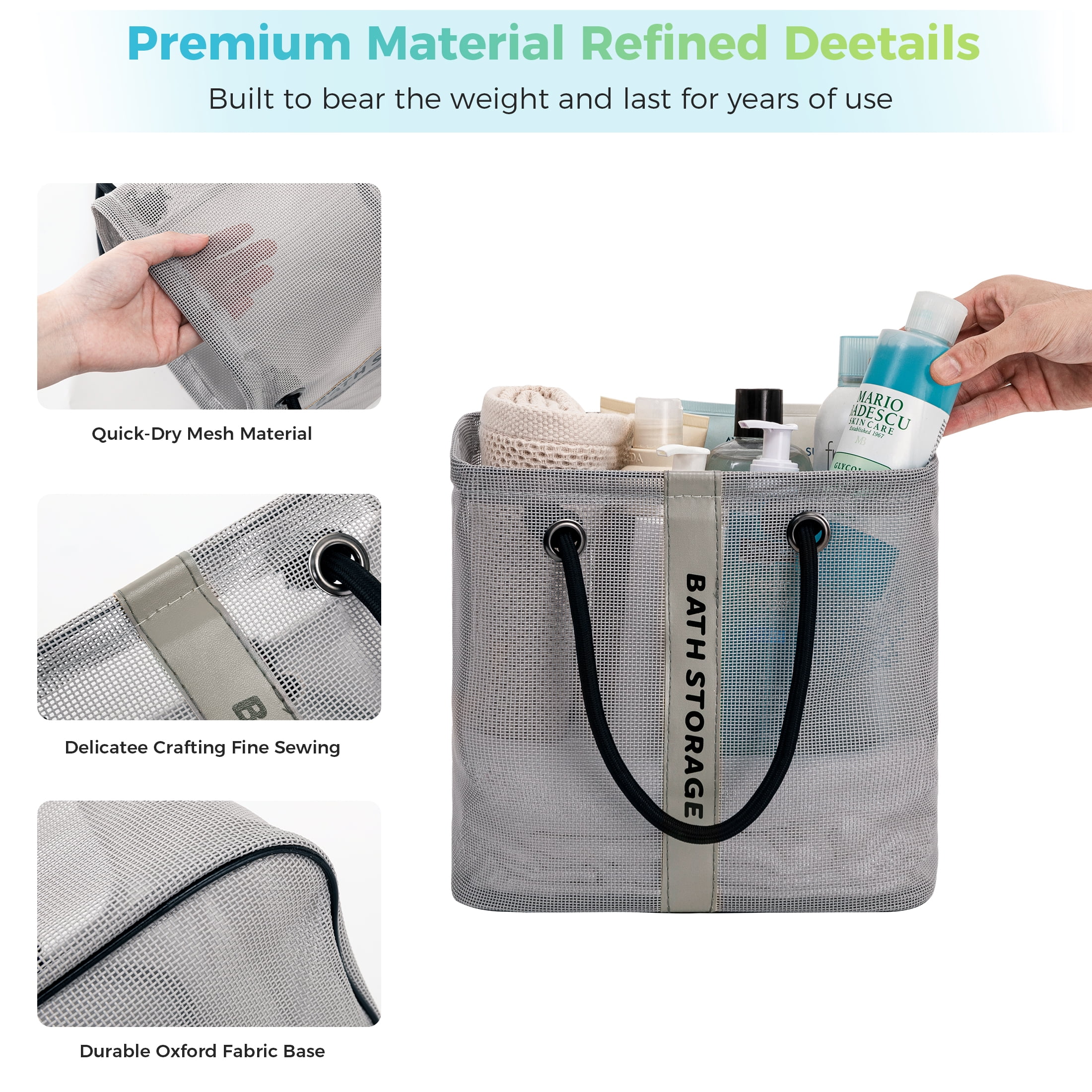 Siaomo Mesh Shower Caddy, Bathroom Caddy, Portable Shower Basket Bag for College Dorm Bathroom Gym Camp Travel,Quick Dry Toiletry Bag Grey  (图3)