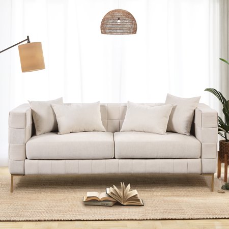 Sesslife 80.5" Upholstered Sofa with 4 Pillows, Modern Sofa with Golden Metal Legs for Living Room, Bedroom, Apartment(Beige)