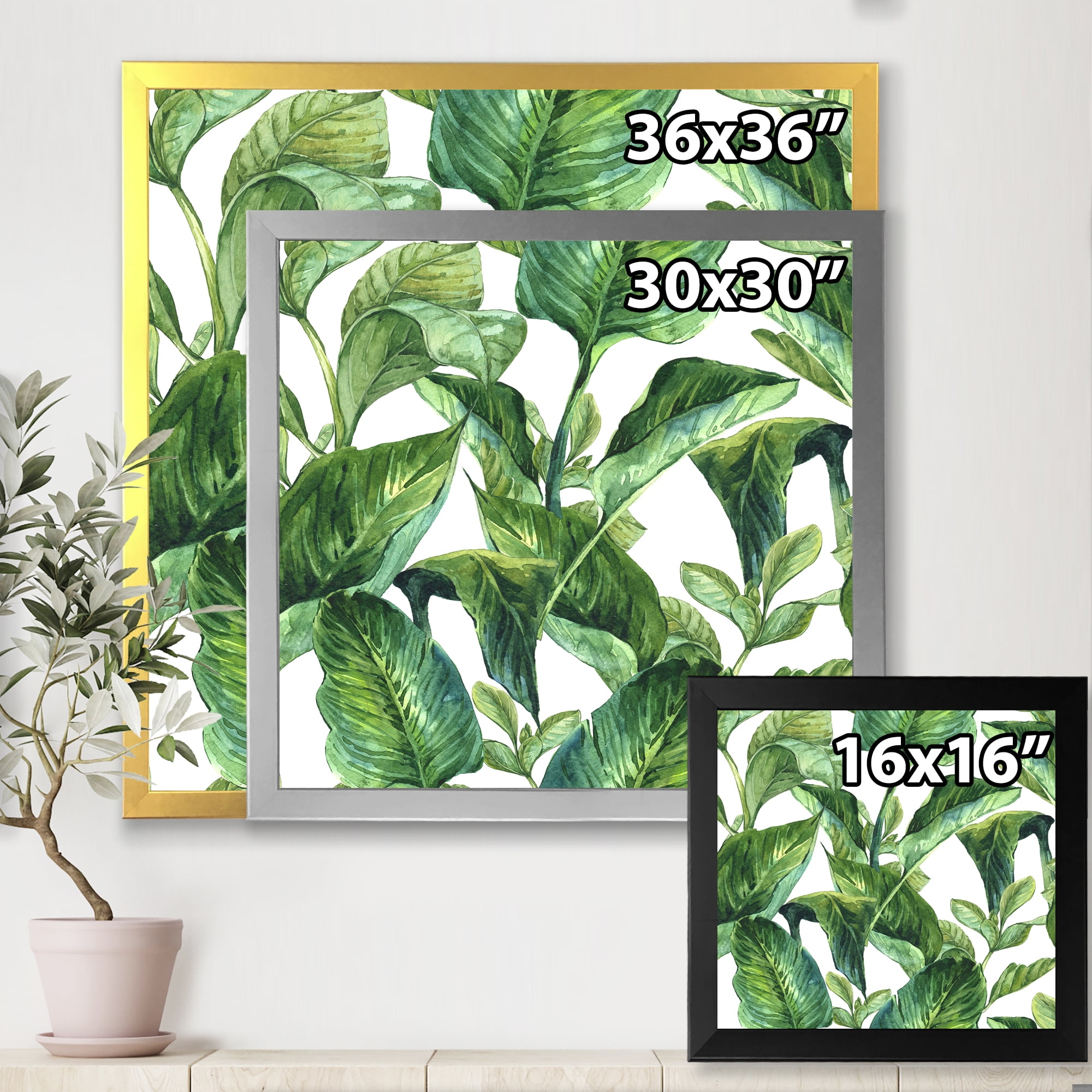 Designart 'Foliage Of Tropical Leaves On White' Tropical Framed Art Print