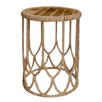 Handwoven Round Side Table with Wood Top – Natural Rattan Accent Table