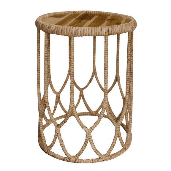 Handwoven Round Side Table with Wood Top – Natural Rattan Accent Table
