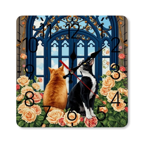 RKSupls 10×10inch Square Silent Wall Clock Wooden Frame, Cats Rose Garden Scale Decorative Clock for Home Bedroom Living Room Office