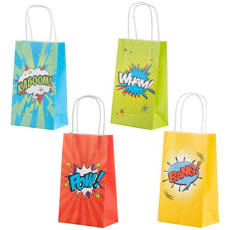 Superhero Comic Book Gift Bags – 12-Pack Kids Treat Bags with Handles, Paper Goodie Bags for Retail, Gifts, Party Favors, 4 Assorted Designs, 9 x 5.3 x 3.15 Inches