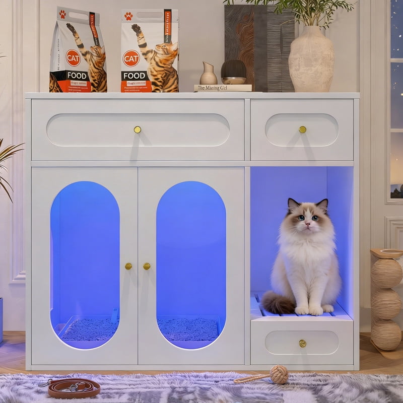 Mirightone Hidden Cat Litter Box Enclosure with Storage Drawer Table, Cat Box Enclosure Furniture with LED Light & Acrylic Doors, Indoor Pet House for Living Room & Entryway, White