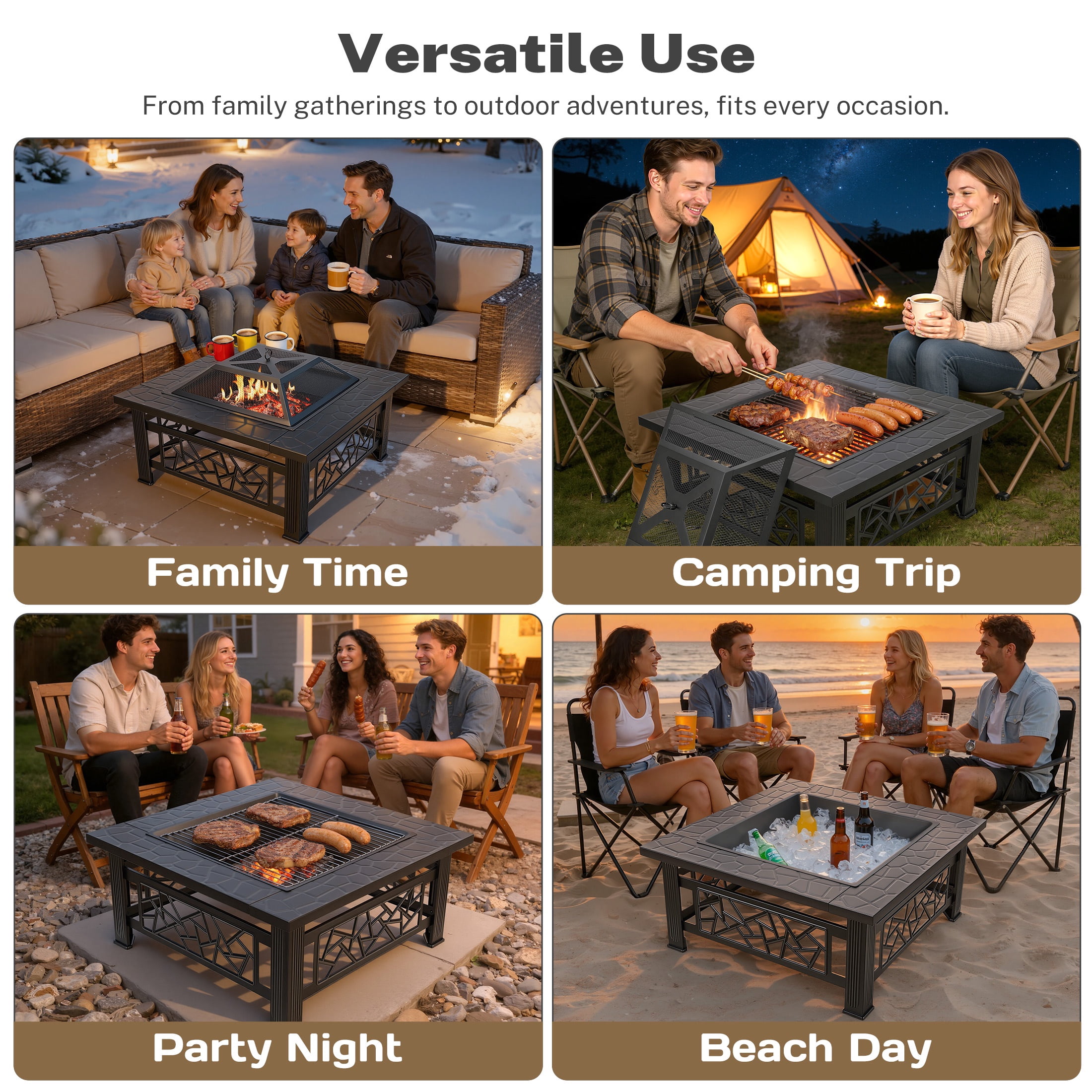 32" Fire Pit Table, UHOMEPRO 3-in-1 Outdoor Fire Pit with BBQ Grill, Mesh Lid & Cover, Modern Metal Square Wood Burning Fire Pit for Outside, Backyard, Patio & Camping