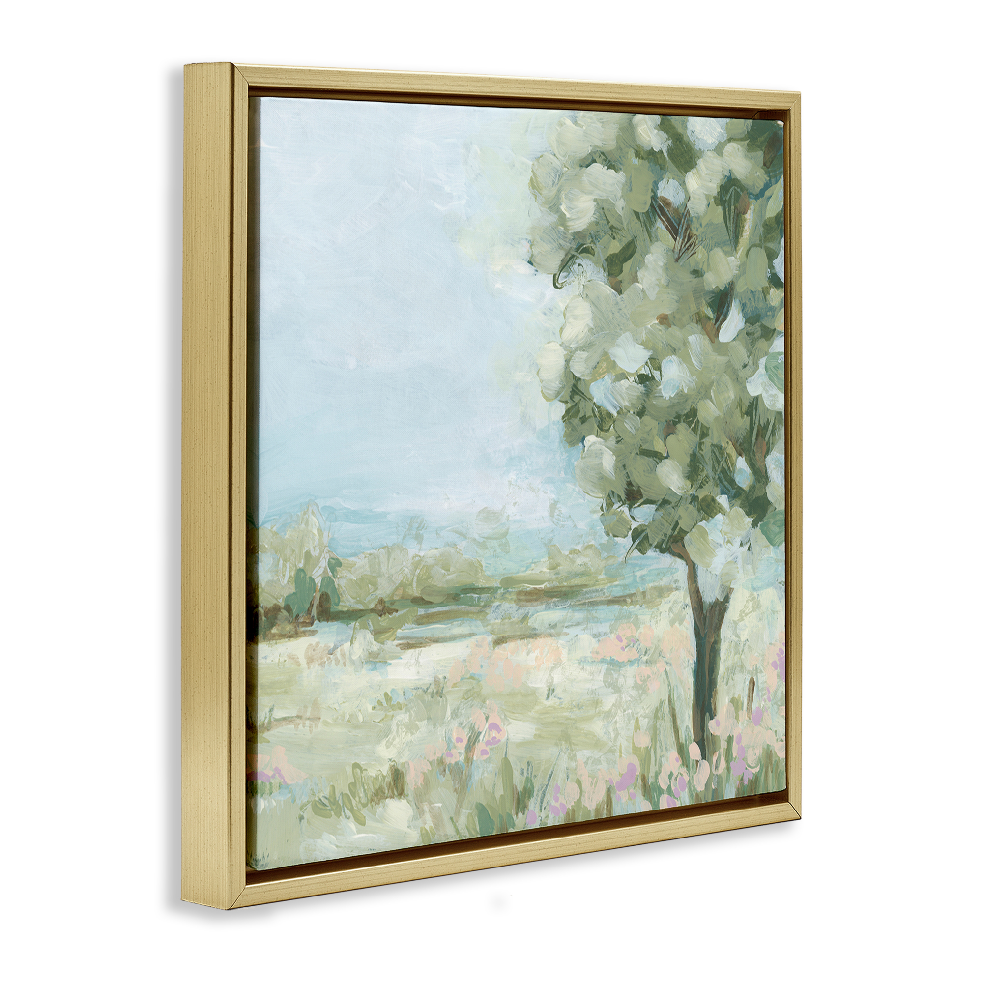 Stupell Industries Lone Tree by Field Landscape & Nature Painting Gold Floater Framed Canvas Art Print Wall Art, 25 x 25