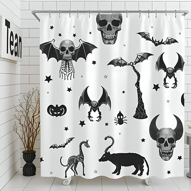 Monochrome Halloween Shower Curtain Whimsical Bats Skulls & Spiders Design for Spooky Decor