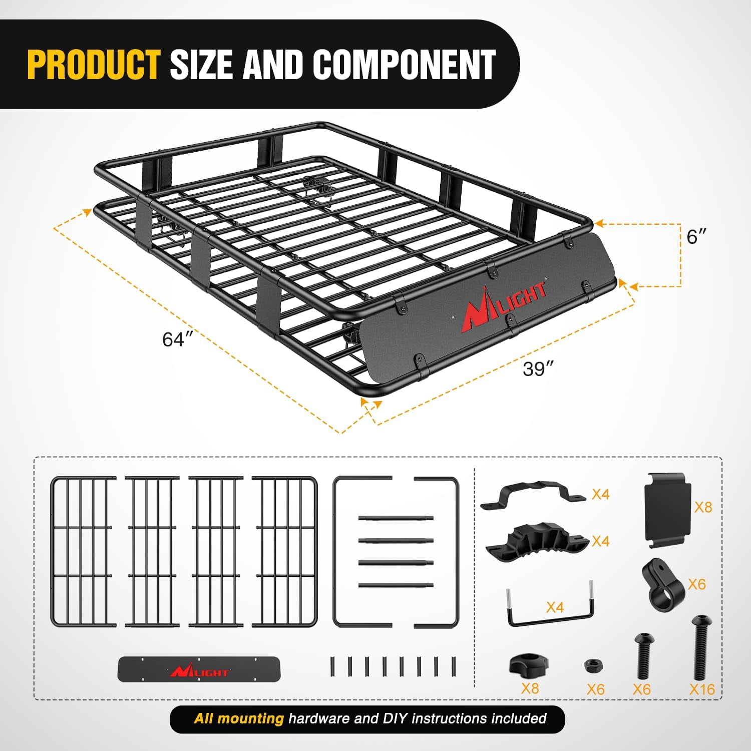 Nilight 64" x 39" x 6" Universal Roof Rack Cargo Basket Heavy-Duty 250LBS Capacity Rooftop Cargo Carrier Luggage Holder for SUV Truck Vehicle