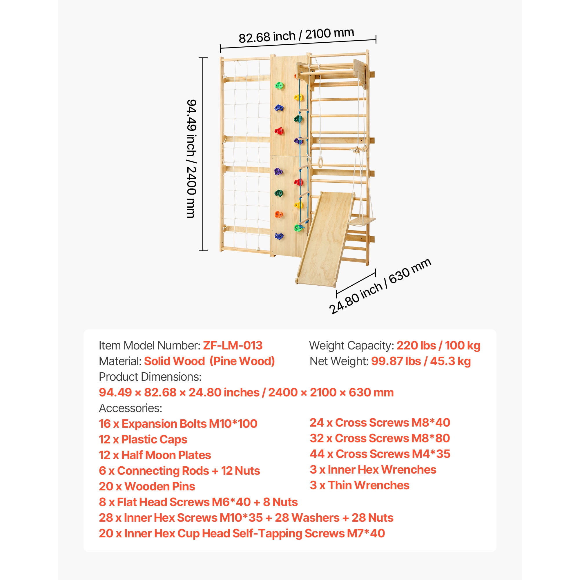 KFFKFF Swedish Ladder Wall Gym, 9-in-1 Adjustable Wooden Gymnastic Stall Bars for Kids and Adults, 220LBS Indoor Fitness Station with Climbing Wall, Rings, Pull-Up Bar, Slide, Swing, and More