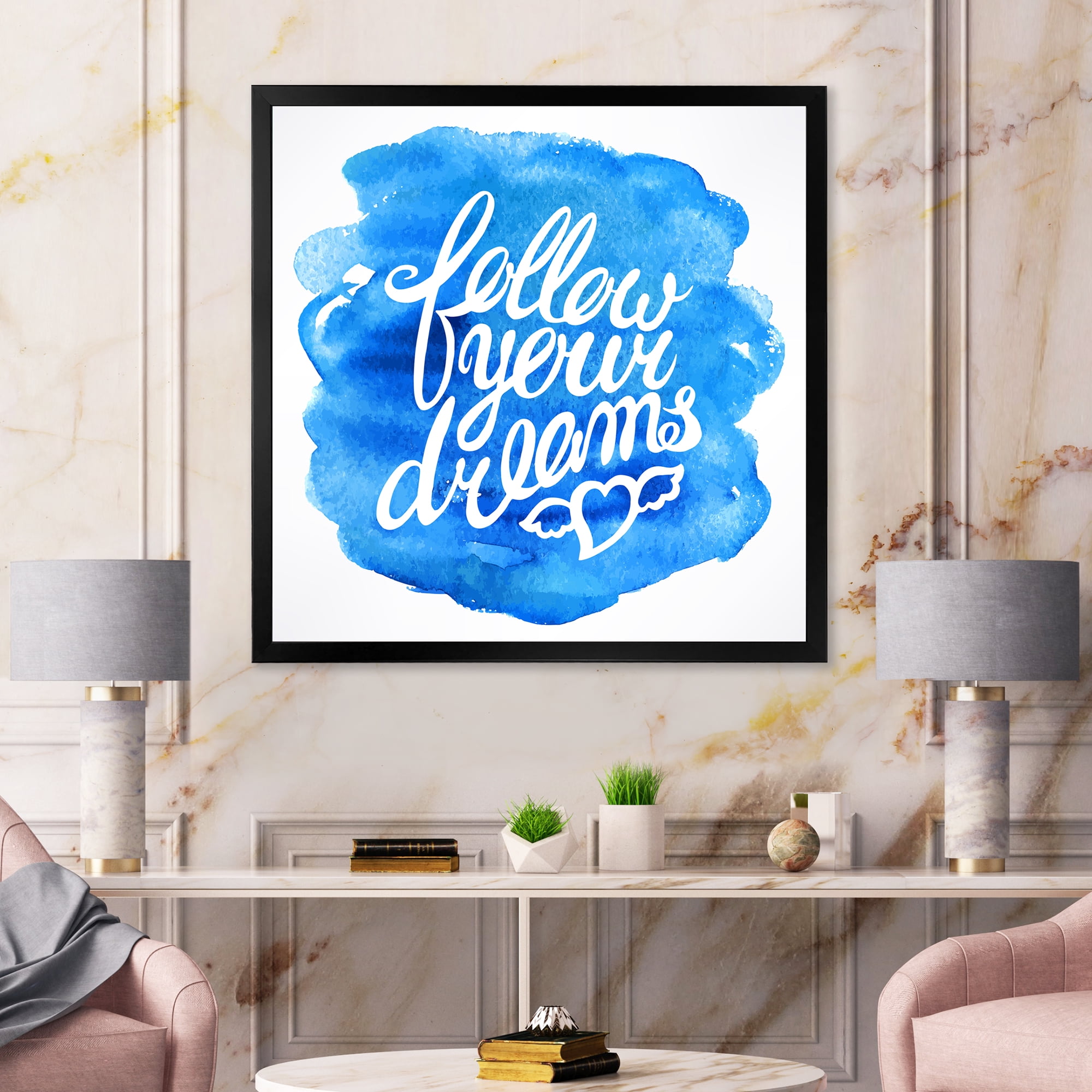 Designart 'Follow Your Dreams On Blue I' Modern Framed Art Print