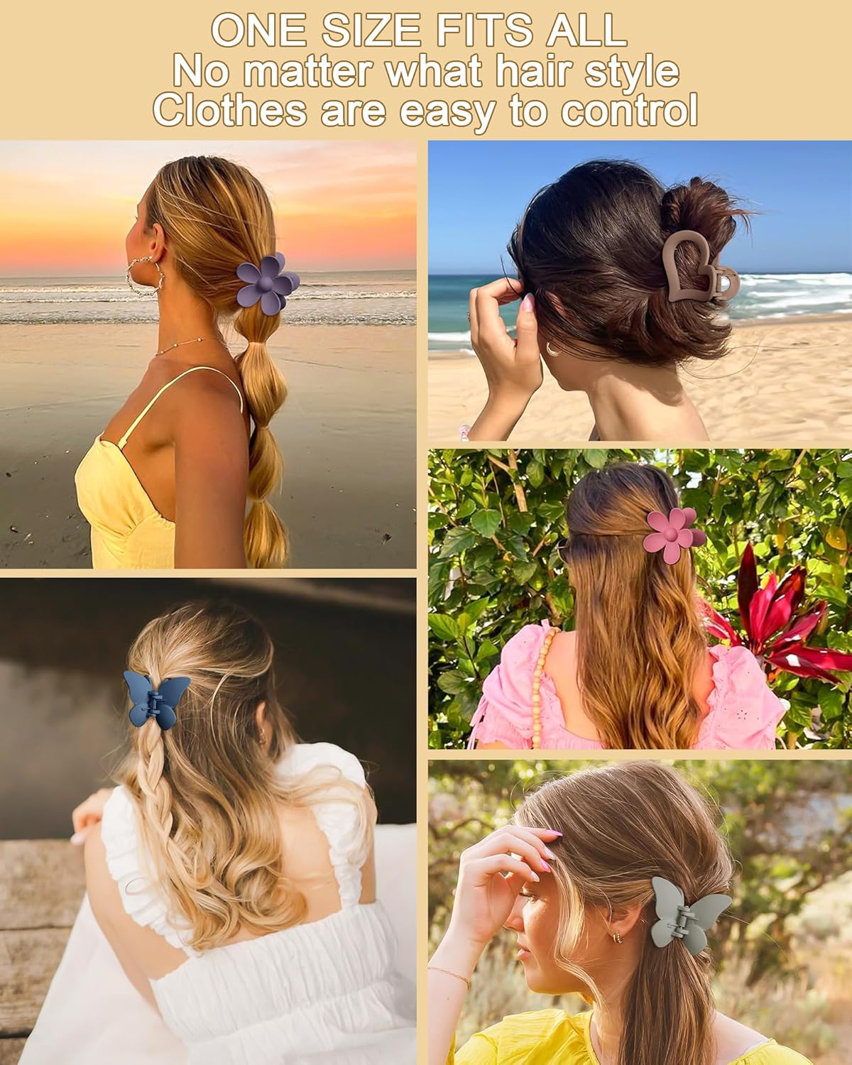 6 PCS Hair Claw Clips - Matte Flower, Heart, Butterfly Hair Claw Clips for Women Girls - Non-Slip and Strong Hold for Thin/Medium/Thick Hair