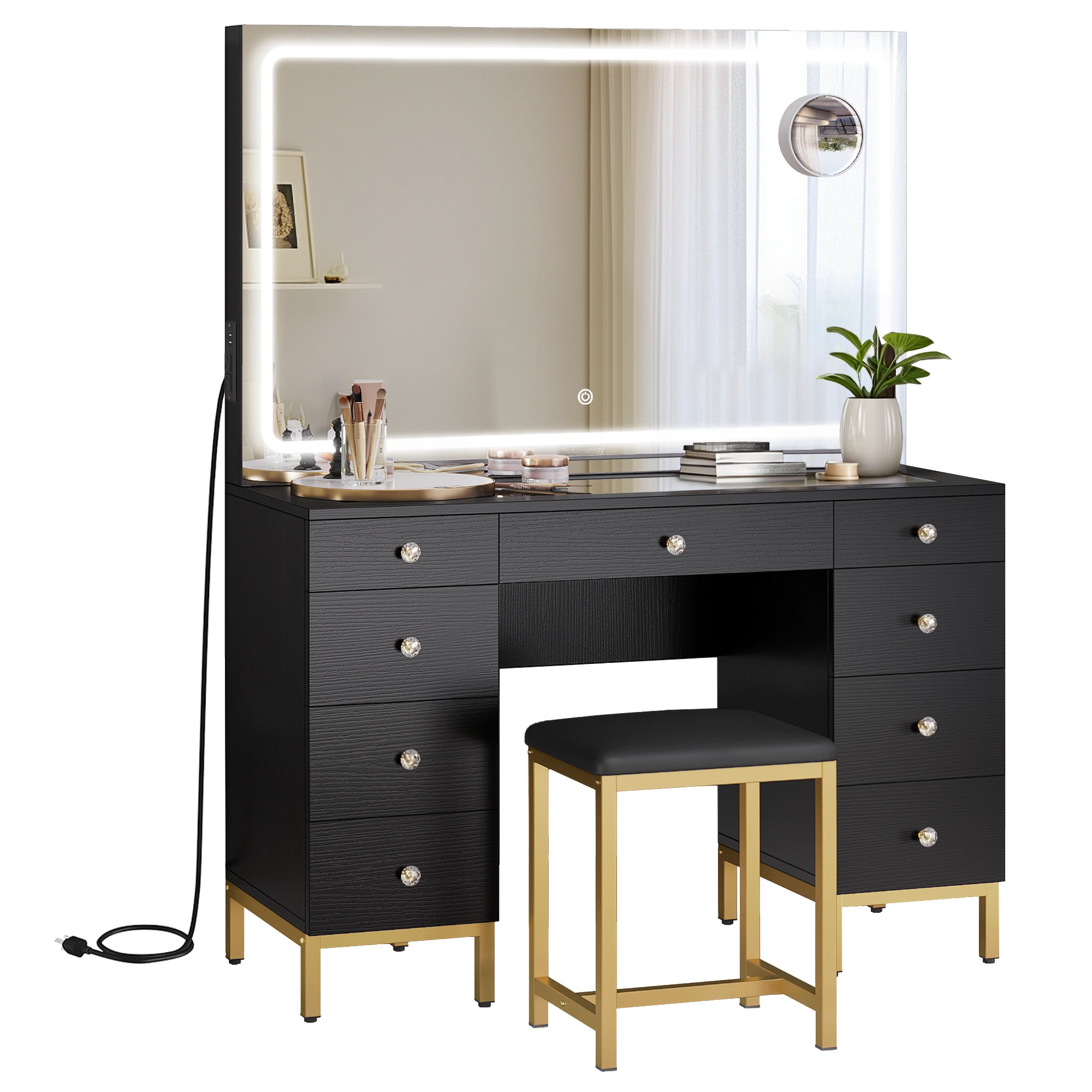 Uforic Makeup Vanity Set with 3 Color Lighted Mirror & Charging Station & Stool, Modern Vanity Desk Dressing Table with 9 Drawers & Magnifying Glass for Bedroom for Women Girls,Black