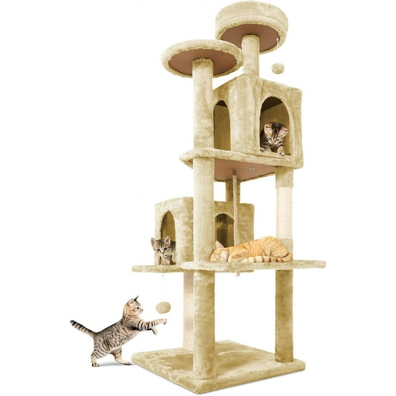 59inch Large Cat Tree Tower Condo for Indoor Cats, Soft Plush Multi-Level Climbing Tree Cat House with 2 Cat Cave, Scratching Post, More Entrance/Exit, Sisal Staircase, Light Yellow