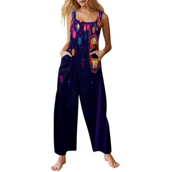 Women's Romper Jumpsuit Casual Summer One Piece Print Overall Straight Leg Square Neck Sleeveless Wide Leg Loose Rompers Jumpers with Pockets