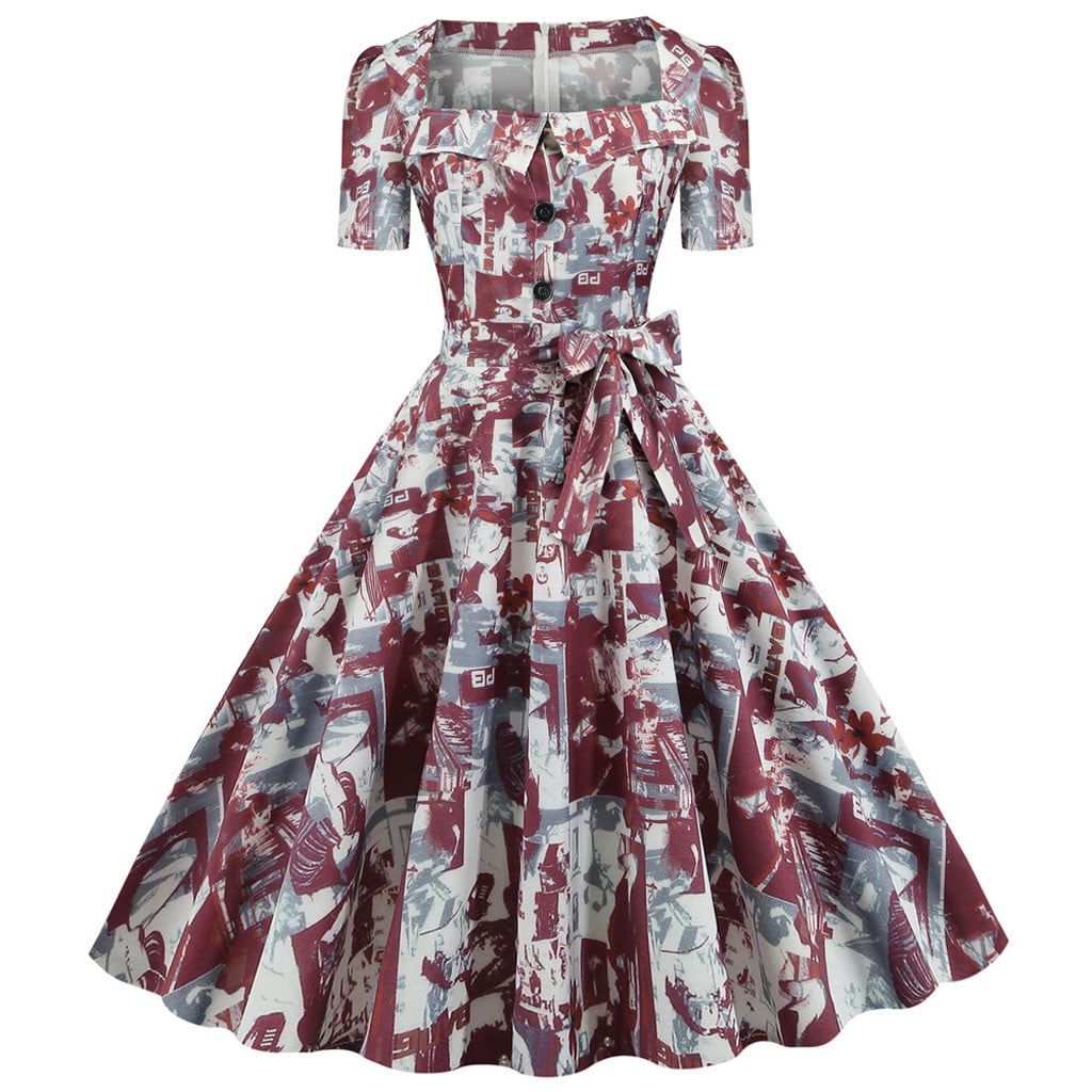 Women Vintage Summer Print Short Sleeve Casual Evening Party Prom Dress