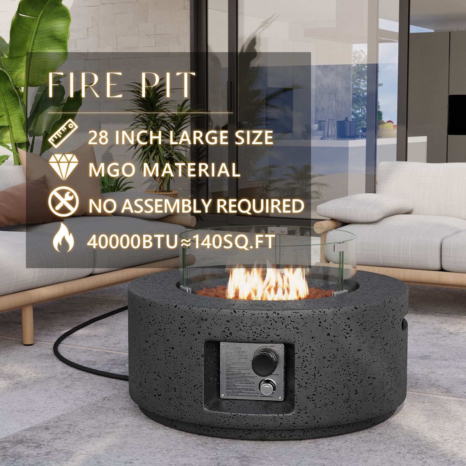 VENTOPYR 28" Square Propane Fire Table,Stainless Steel Burner 40,000 BTU