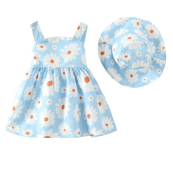 12 Months Baby Girls Dress 18 Months Girls Sleeveless Dress Flower Print Off-the-shoulder Toddler Girls Suspender Floral Dress with Cute Hat Blue