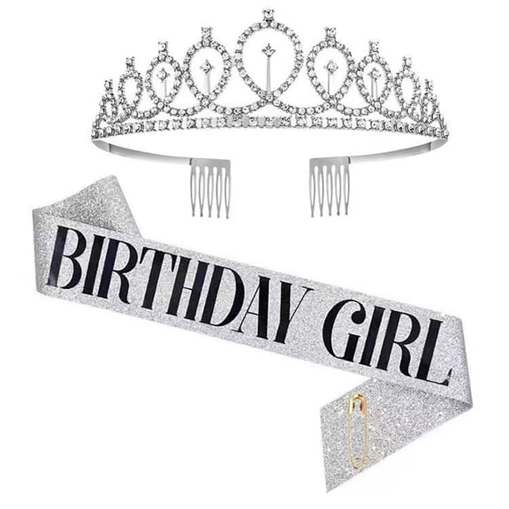 Birthday Girl Crown with Sash, Silver Birthday Tiara for Women, Princess Crown Rhinestone Happy Birthday Accessories Headband