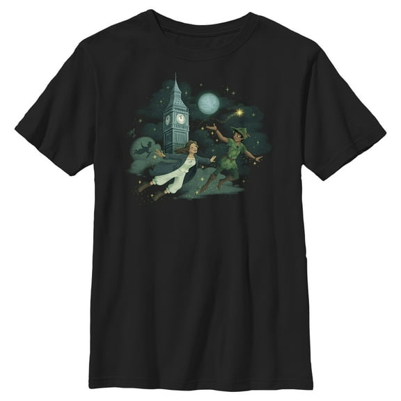 Boy's Peter Pan & Wendy Animated Flying Scene  Graphic Tee Black Medium