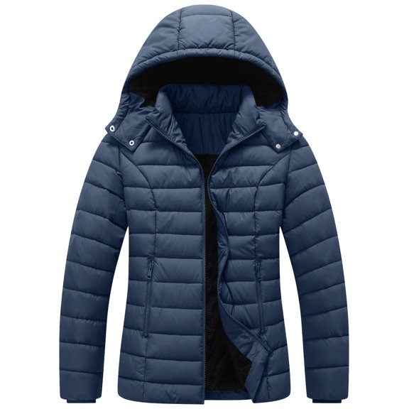 qucoqpe Womens Puffer Jacket Long Sleeve Zip Up Fleece Lined Quilted Down Jacket Winter Warm Waterproof Coat with Datachable Hood