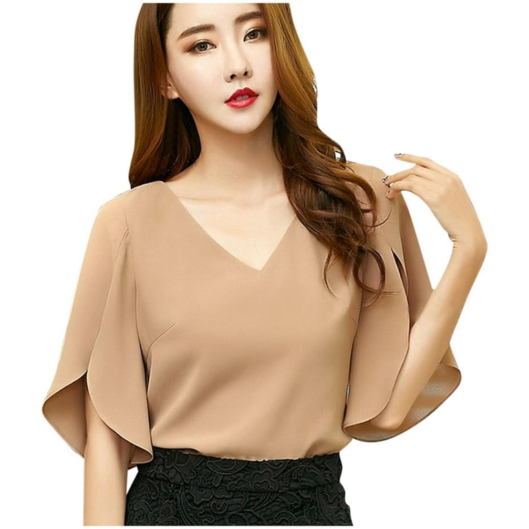 Levmjia Womens Plus Size Shirt Tops Clearance Summer Chiffon Women Half  Sleeve Butterfly Sleeve Blouse Solid V-Neck Casual Tops 
