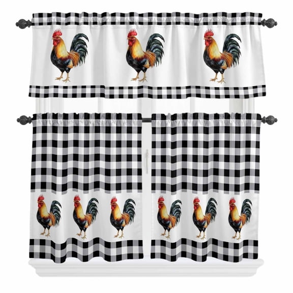 3 Piece Kitchen Curtains and Valances Set Black White Plaid Rooster Cafe Curtains 36 Inch Length Vintage Farmhouse Checkered Valance & Tier Curtain for Living Room Bedroom Window 54"x18" 27"x36"*2