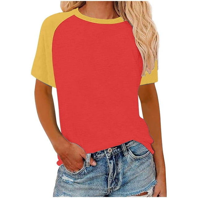 T-shirt Raglan pour Femmes d'Été à Blocs de Couleur, Coupe Ample, Décontracté, Basique, Col Rond, T-Shirts à Manches Courtes, Tunique Grande Taille (4TG, Rouge 01)