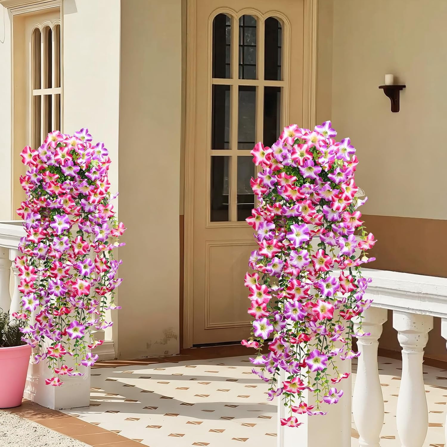 Lyacmy 4 Pcs Artificial Hanging Flowers for Outdoor Spring Decor, Rose Red Purple UV Resistant Fake Flower Petunias for Outdoor Garden Porch Patio Wedding Decor
