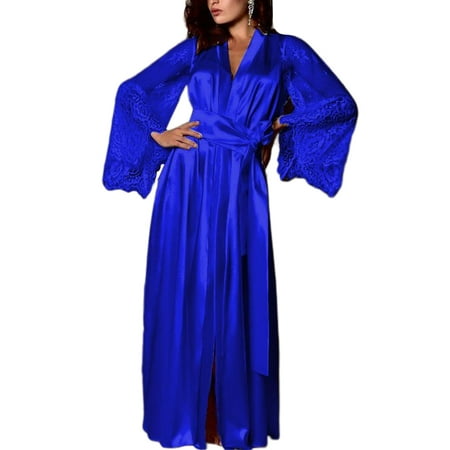 

Eyicmarn Women Silk Nightgown Dress Long Sleeve Perspective Lace with Belt