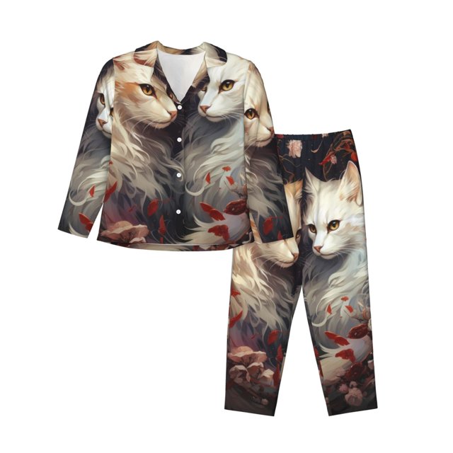 Naloa Ensemble de Pyjamas Imprimés Couple de Chats à Fleurs pour Femmes, Ensembles de Pyjamas pour Femmes, Ensembles de Détente pour Femmes, 2 Pyjamas pour Femmes-Petit