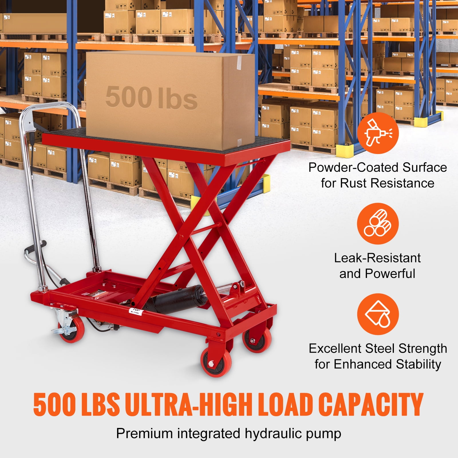 KFFKFF Manual Hydraulic Table Cart, Carrying Capacity of 500lbs, Elevates to 28.5", Single Scissor Design, Equipped with 4 Wheels and Anti-slip Pad, Red Hydraulic Scissor Cart for Material Transport