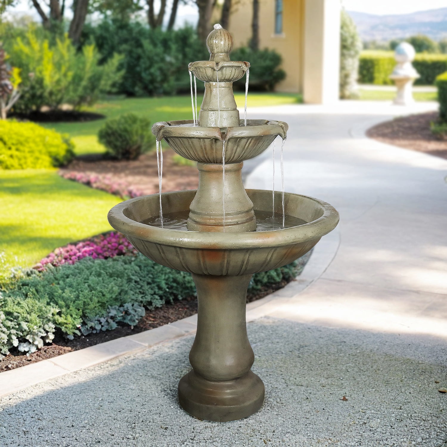 51.5" Outdoor Water Fountain, 2 Tier Pedestal Waterfall Fountain with Pump for Garden Patio Yard Décor