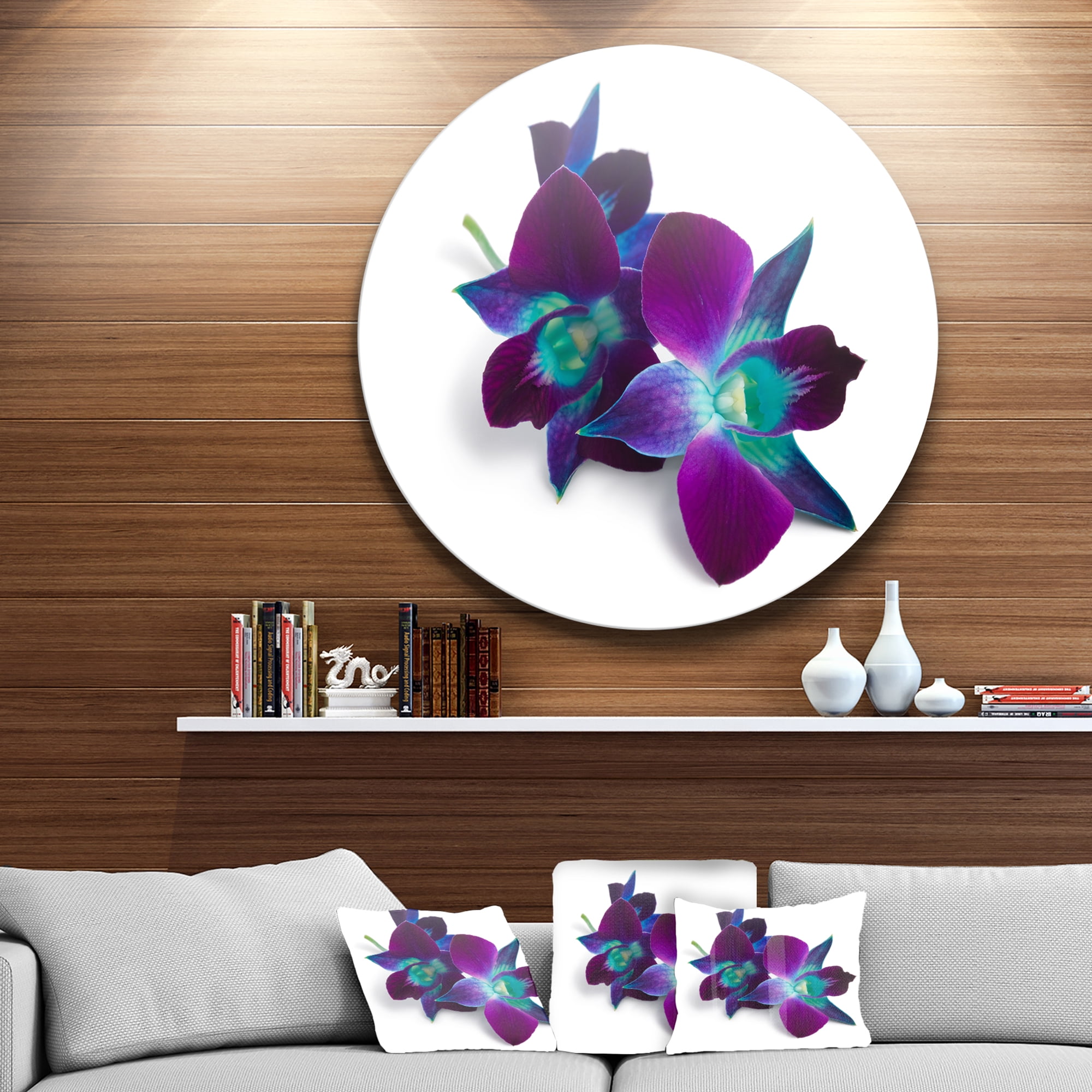 Designart 'Deep Purple Orchid Flowers on White' Disc Flowers Metal Circle Wall Artwork