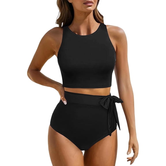 2 Piece Swimsuit Sets,Women High Waisted Bikini Set Racerback Swimsuit Two Piece Bathing Suit High Neck Swimwear