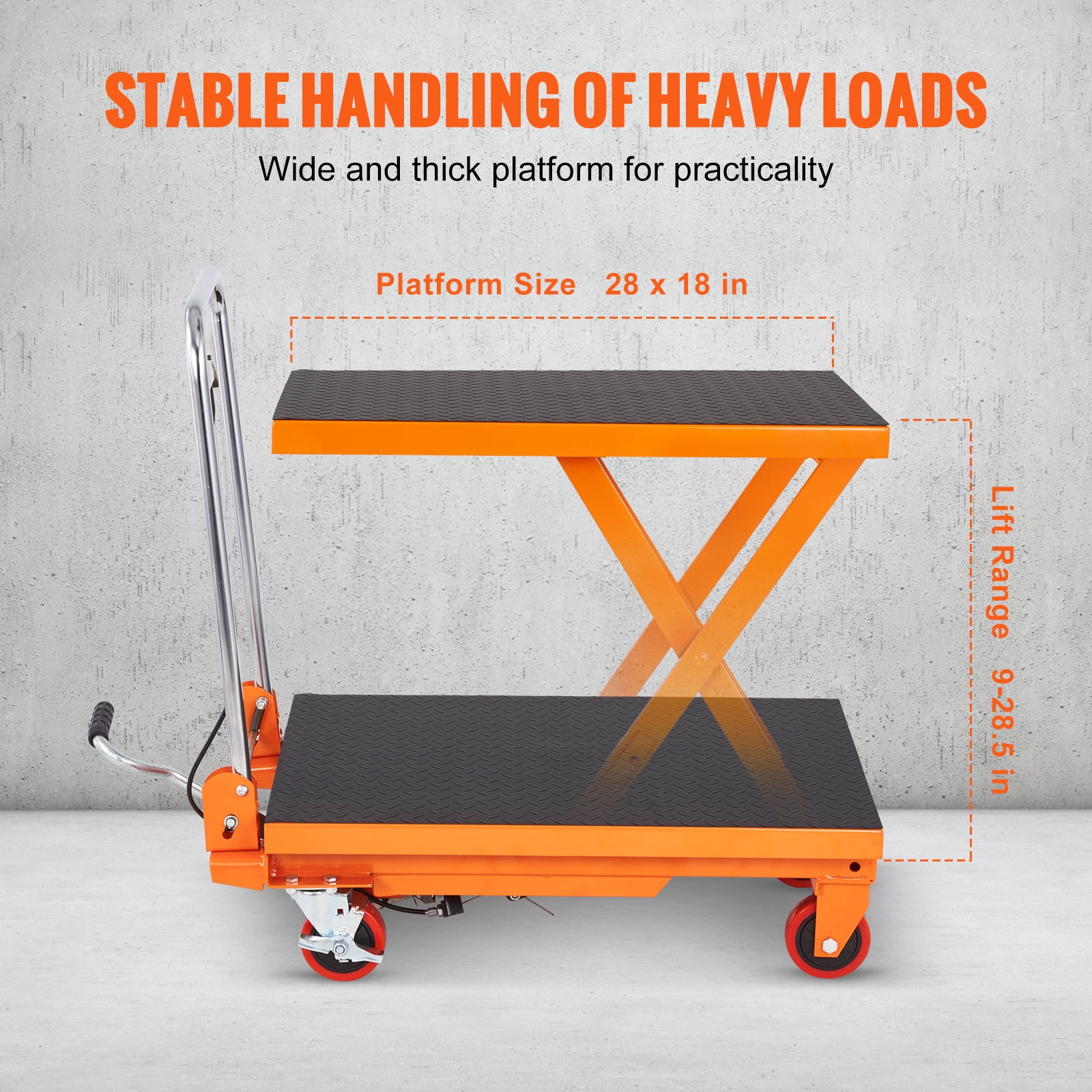 KFFKFF Hydraulic Lift Table Cart, 330lbs Capacity, 28.5" Max Height, Manual Single Scissor Lift with Wheels and Non-slip Surface for Material Handling and Transport