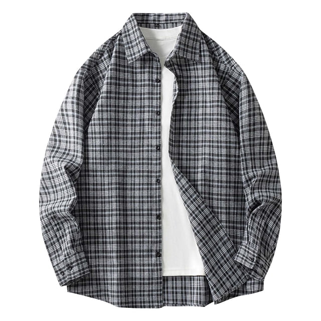 Blusa y camisa de manga larga con cuello vuelto para hombre, moda informal, cuello vuelto, botones, entramado, camisa de manga larga, abrigo holgado, abrigo de poliéster para hombre