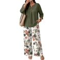 thumbnail image 5 of Bold Monochrome Floral Print Two Piece Set for Women, 3/4 Sleeve Button Down Top & Wide Leg Pants - Casual Lounge Outfit with Geometric Hem Trousers Army Green L, 5 of 7