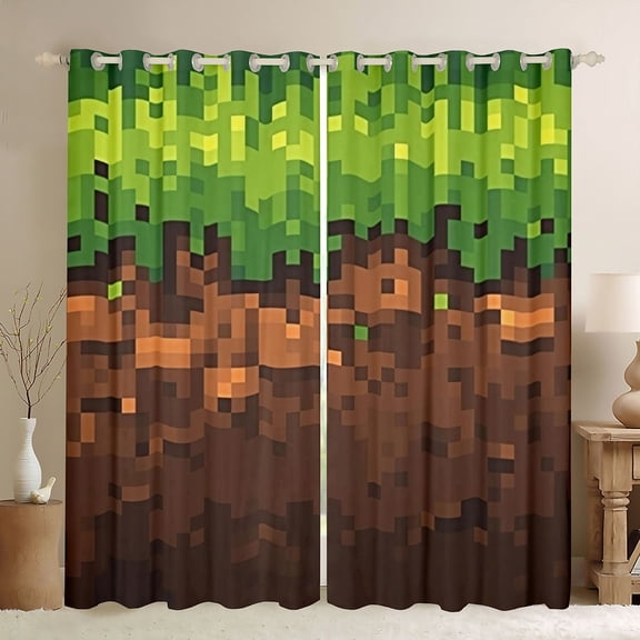 jejeloiu Pixel Grid Blackout Curtains Set of 2 (52x84 Each),Miners Game Window Curtains,Geometric Patchwork Plaid Curtains and Drapes For Boys Girls,Super Cozy Room Decor