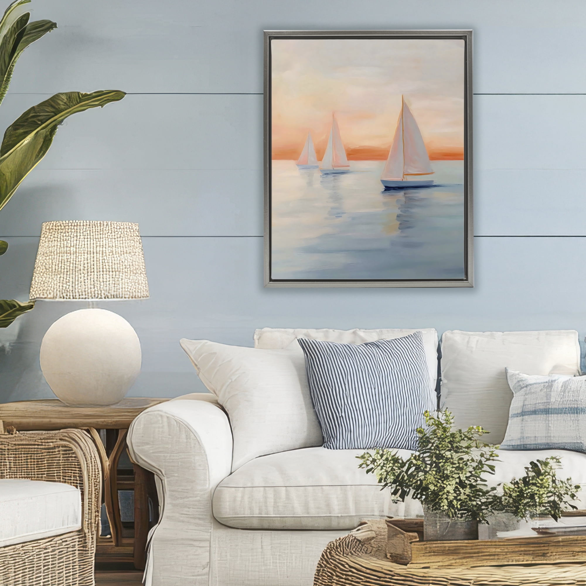 Stupell Industries Sunset Sailboats Over Calm Sea Gray Framed Floater Canvas Wall Art, design by Creative Studio
