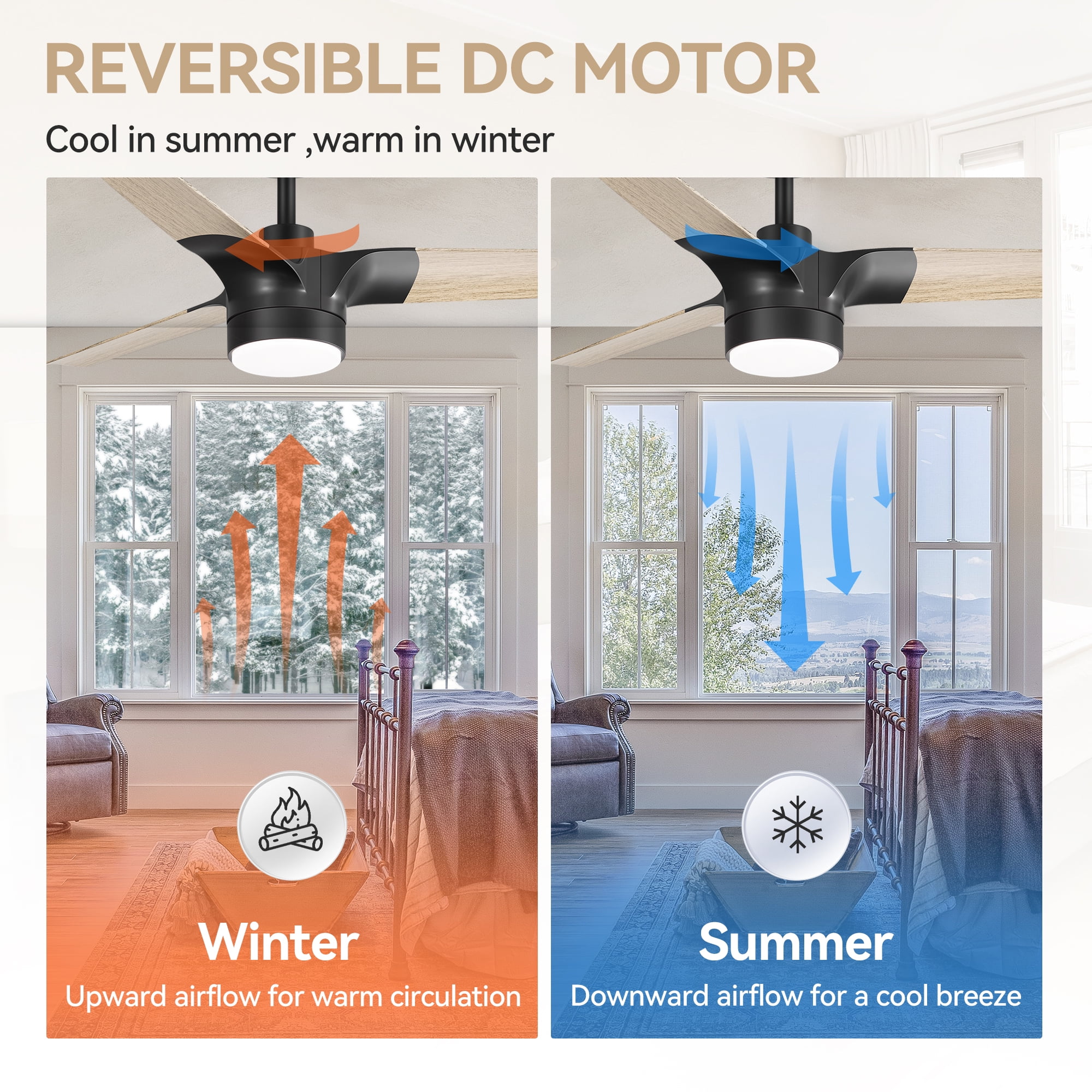 ALKAFY 52 inch Modern Ceiling Fan - 3-Blade Black/Wood Grain Fan Blades, DC Motor, LED Light & Remote