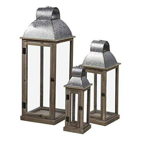 A&B Home Set of 3 Farmhouse Style Wooden Lanterns with Galvanized Top