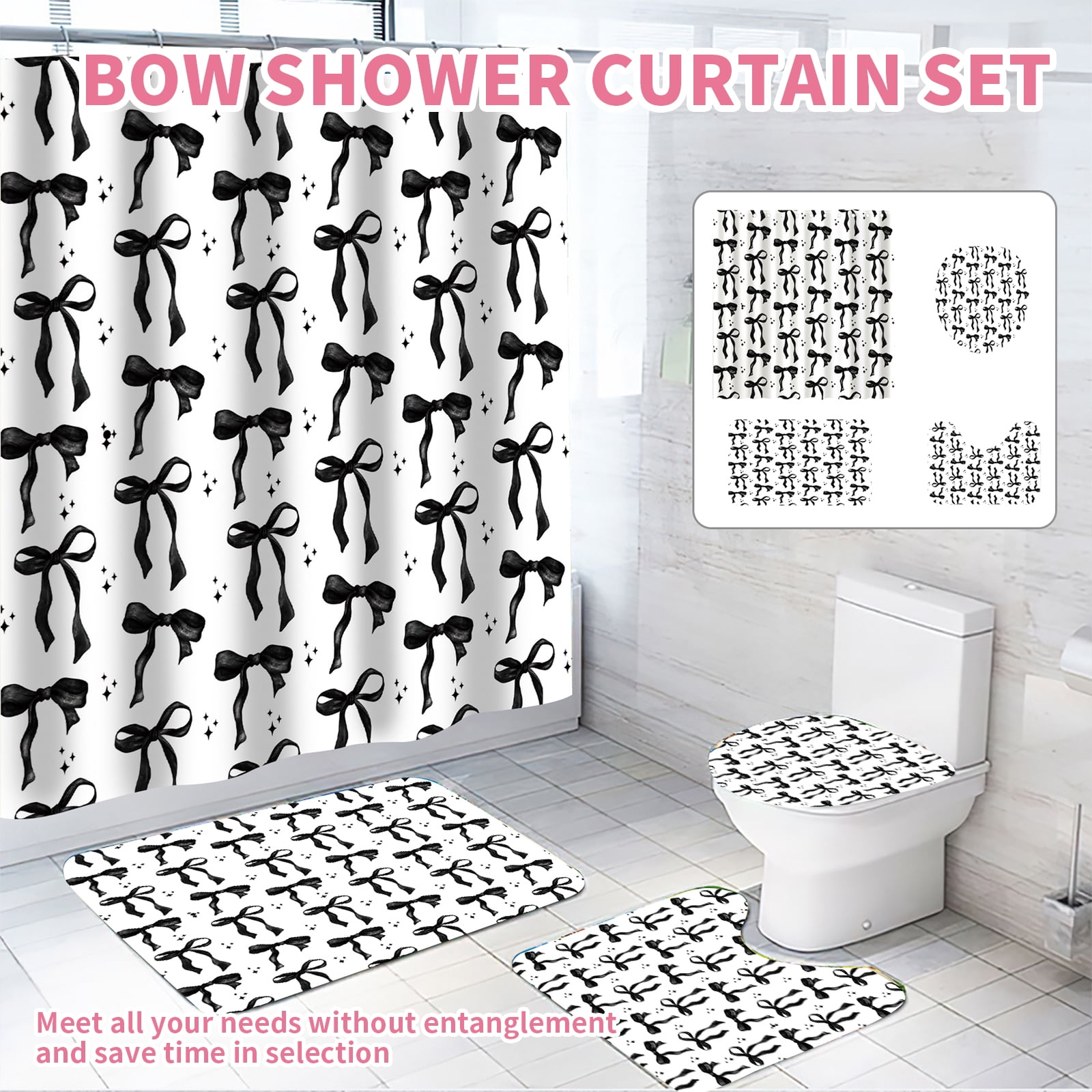 Dznils Black Bow Shower Curtain and Rug Sets, 16pc Modern Fabric Bathroom Curtain Sets, 72" x 72"