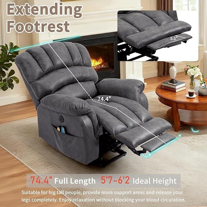 EPICOZY Large Power Lift Recliner Chair with Extended Footrest for Elderly Big Tall Man, Overstuffed Heated Massage Wide Electric Recliners with 2 Remote Controls, Side Packets & USB Ports, Grey