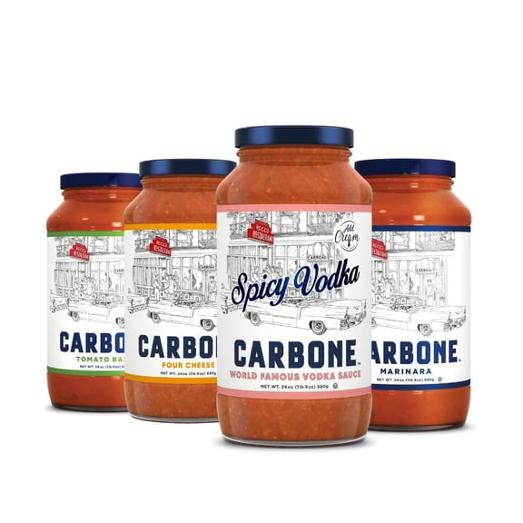 Carbone Pasta Sauce VARIETY PACK of Spicy Vodka, Marinara, Four Cheese, Tomato Basil, Tomato Sauce Made with Fresh, Natural Ingredients, Non GMO, Gluten Free, Low Carb, 24 Fl Oz (Pack of 4)