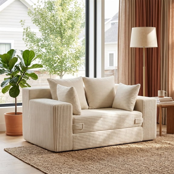 Loveseat Boneless Convertible Sofa Bed, Corduroy Pull Out Sofa with 2 Pillows, Beige